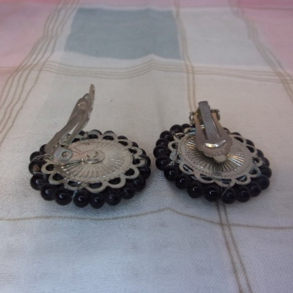 Black Enamel Beaded Button Clip Earrings Japan - Picture 6 of 7